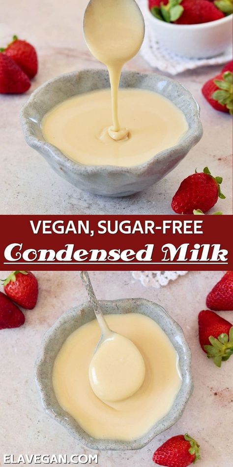 How to make vegan condensed milk in 5 minutes - with no heating required! This 'instant' condensed milk substitute uses just 3 ingredients (plus salt and water) and can even be made sugar-free (low-carb or keto)! #condensedmilk #vegancondensedmilk #homemadecondensedmilk #condensedmilksubstitute #sugarfreecondensedmilk #elasrecipes | elavegan.com Condensed Milk Substitute, Sugar Free Condensed Milk, Vegan Condensed Milk, Clean Eating Baking, Homemade Condensed Milk, Milk Substitute, Dairy Free Dips, Low Carb Milk, Dairy Free Soup