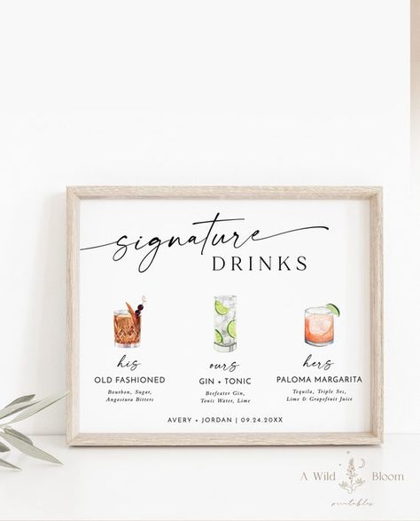 His Hers Theirs Cocktail Sign, His Hers Ours Drinks Wedding, Specialty Cocktail Sign, Weddings Vibes, Signature Wedding Drinks Sign, Wedding Bar Menu Sign, Bar Menu Sign, Cocktail Sign, Signature Cocktail Sign