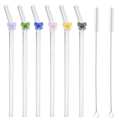 PRICES MAY VARY. 【Glass Straws With Bows】Each straw is blown by a glass artist in a high temperature flame, and will not fall off. The curved part of each straw has a bow design, practical and beautiful, showing your stylish taste 【Easy to Cleaning】: Dishwasher-safe or clean with the included cleaning brush, the clear glass is to allow to see clearly the inside of the straw, making it easier for you to clean and use it 【Reusable Glass Straws�】: These cute straws are safe and heat resistant,no tas Glass Straws Aesthetic, Cute Straws, Cleaning Dishwasher, Fun Straws, Wishlist 2024, Cleaning Brushes, Tea Bar, Drink Straw, Curved Glass