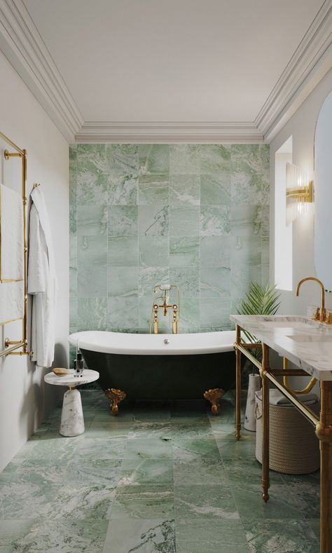 Ming Green | Marble - 12x12 in. Field Tile | Honed/Polished (3/8" Thick) - Renaissance Tile and Bath Ming Green Tile, Green Marble Tile, Ming Green Marble, Traditional Bathroom Tile, Green Marble Bathroom, Mint Green Bathrooms, Traditional Design Style, Ensuite Design, Commercial Space Design