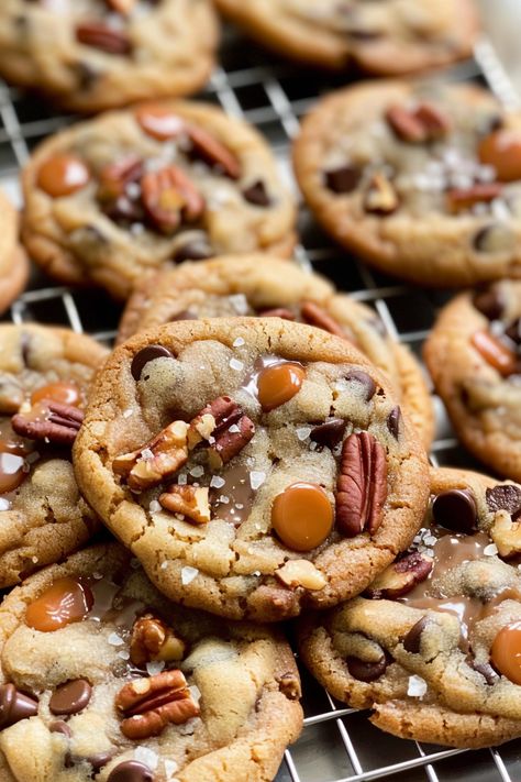 Chocolate Chip Caramel Walnut Cookies, Carmel Chips Cookies, Salted Caramel Pecan Cookies, Salted Caramel Chips Recipes, Salted Caramel Pecan Chocolate Chip Cookies, Caramel Pecan Chocolate Chip Cookies, Turtle Cookies Recipe Caramel Pecan, Pecan Caramel Cookies, Carmel Chocolate Chip Cookies