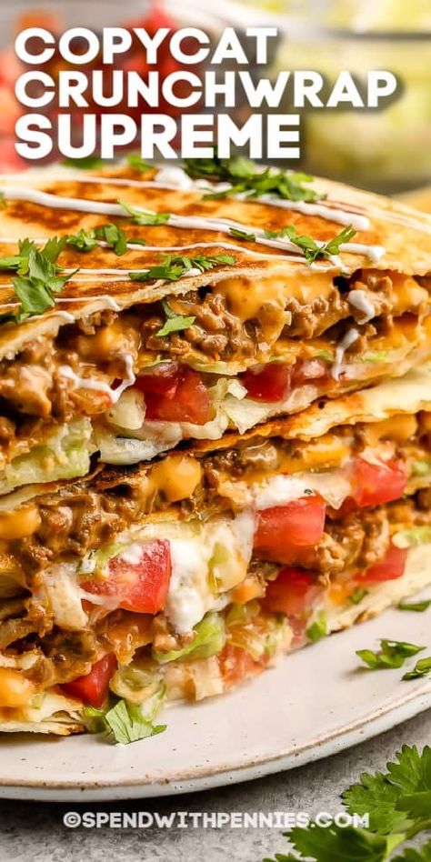 Our recipe for a copycat Crunchwrap Supreme is super tasty and fresh! Who needs takeout? Learn how to make it right at home with our easy recipe. #spendwithpennies #crunchwrapsupreme #recipe #lunch  #copycattacobell #homemade #best #spicy #diy #easy Crunch Wrap Supreme Recipe, Spicy Pasta Recipes, Crunchwrap Recipe, Homemade Crunchwrap, Tostada Recipes, Crunchwrap Supreme, Recipe Lunch, Crunch Wrap, Homemade Crunchwrap Supreme