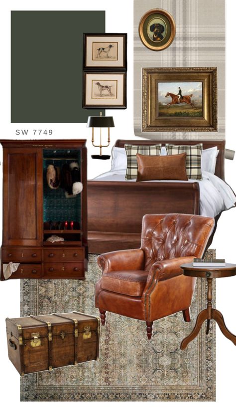 Outdoorsman Home Decor, Ralph Lauren Inspired Home Office, Polo Bedroom Ideas, English Gentlemens Club, Scottish Lodge Interior, English Lodge Decor, Collegiate Interior Design, Rustic Academia Aesthetic, English Equestrian Decor