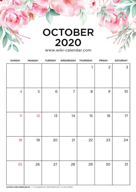 Free Printable October 2020 Floral Calendar #calendar #printablecalendar #blankcalendar #wikicalendar #2020calendar #calendar2020 #FloralCalendar #FloralCalendar2020 #October2020FloralCalendar #October2020Calendar #OctoberCalendar Printable Calendar Pages, Floral Calendar, 2020 Calendar Template, October Holidays, February Calendar, August Calendar, January Calendar, September Calendar, November Calendar