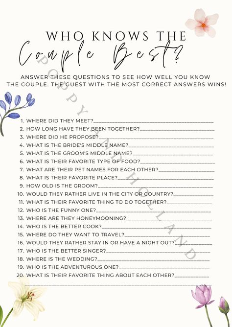 Make your wedding festivities unforgettable with our Who Knows the Couple the Best game! This instant download includes 1 bridal shower game titled "Who Knows the Couple Best". This bridal shower, bachelorette party, or wedding reception game is sure to entertain your guests and create lasting memories. This game is thoughtfully designed with beautiful graphics to complement any wedding theme. Best of all, this digital file is available for instant download, so you can print the games at your convenience. Download your pdf within minutes for fast, effortless setup and print out! How it works: Purchase the Bridal Shower Game. After completing your purchase, you will receive an email with a link to download your digital file. Download the file and print it at home, at a local print shop, or Wedding Olympics Games, Wedsing Games, Who Knows The Couple Best Game, Wedding Games Ideas, Bridal Shower At Home, Bridal Shower Ideas Games, Wedding Games For Reception, Bridal Shower Games Free Printables, Minimalist Floral Wedding