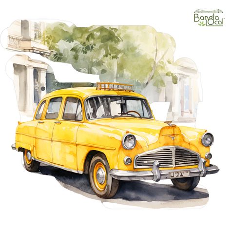 Iconic Yellow Taxi of Kolkata Kolkata Taxi Illustration, Yellow Taxi Kolkata, Kolkata Taxi, Taxi Drawing, Kolkata City, Emoji Drawings, Yellow Taxi, London Art, Watercolor Drawing