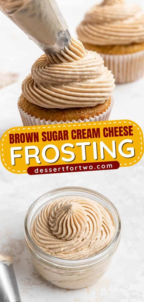 Try this simple sweet treat! Smooth and fluffy with notes of caramel, this brown sugar cream cheese frosting recipe is amazing. Use it on cakes, cupcakes, brownies, cookies, and more for desserts to impress! Frosting For Cinnamon Rolls, Desserts To Impress, Brown Sugar Cream Cheese Frosting, Eggless Chocolate Cupcakes, The Best Cream Cheese Frosting, Small Chocolate Cake, Carrot Cake Frosting, Best Cream Cheese Frosting, Cinnamon Roll Frosting