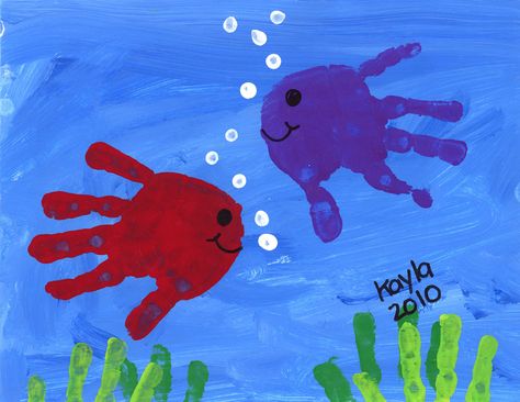 hand print fish Fish Handprint, Hand Print Art, Aktiviti Kanak-kanak, Thick Paint, Finger Paint, Under The Water, Toddler Arts And Crafts, Footprint Art, Ocean Crafts