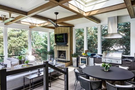 Porch of the Week: All the Comforts of a Great Room Fireplace Vent, Rustic Family Room, Three Season Room, Elegant Hotel, Corner Fireplace, Dc Metro, Transitional Living Rooms, Bedroom Layouts, Fireplace Wall