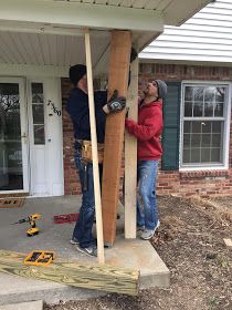 6x6 Porch Post Ideas, Diy Porch Post Columns, Cedar Post Front Porch With Railing, Porch With Cedar Posts, Homes With Cedar Posts, Natural Wood Beams Exterior, Updated Porch Columns, Replacing Porch Posts, Cedar Front Porch Ideas