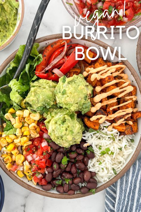 Healthy Sweet Potato, Black Bean Burrito Bowl (vegan + gf) Burrito Bowl Sauce, Black Bean Burrito Bowl, Bean Burrito Bowl, Vegan Burrito Bowl, Sweet Potato Burrito, Vegan Bowl Recipes, Healthy Burrito Bowl, Vegetarian Burrito, Black Bean Burrito