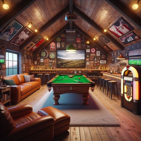 Mancave Shed Ideas Interior, Game Room Attic, Ultimate Game Room, Garage Pool Table Room, Man Cave Attic, Pool Room Ideas Man Cave, Attic Game Room, Attic Man Cave, Best Man Caves