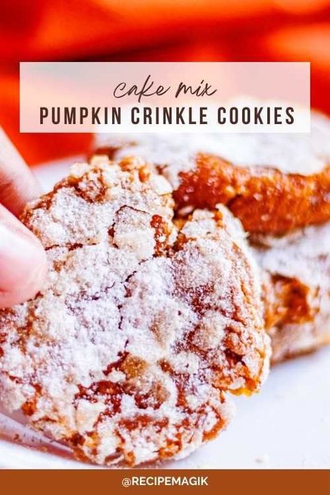 Easy Pumpkin Crinkle Cookies with Cake Mix Crinkle Cookies Recipe Cake Mixes, Pumpkin Crinkle Cookies, Easy Thanksgiving Desserts Recipes, Thanksgiving Desserts Recipes, Cookies With Cake Mix, Cookies For Fall, Easy Thanksgiving Desserts, Pumpkin Baking, Easy Thanksgiving Dessert Recipes