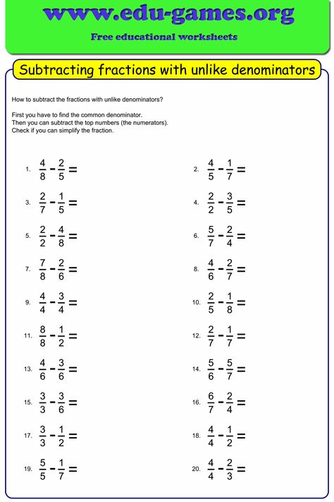 Subtract Fractions Unlike Denominators, Subtraction Of Fractions Worksheet, Fraction Subtraction Worksheet, Subtracting Fractions Unlike Denominator, Fractions Subtracting, Add Fractions With Unlike Denominators, Fraction Worksheet, Unlike Fractions, Fractions With Unlike Denominators