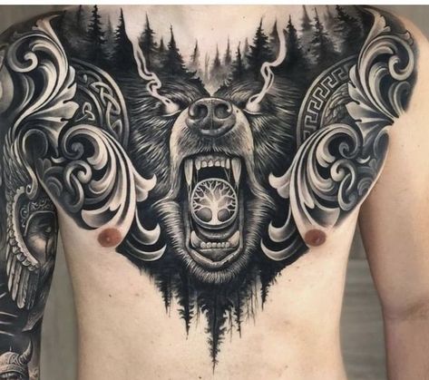 Chestpiece Tattoo Men Ideas, Chest Tattoo Man, Full Chest Tattoo Men, Best Friends Tattoo, Viking Tattoos For Men, Chest Tattoo Stencils, Tattoo Bras Homme, Chest Tattoo Drawings, Full Chest Tattoos