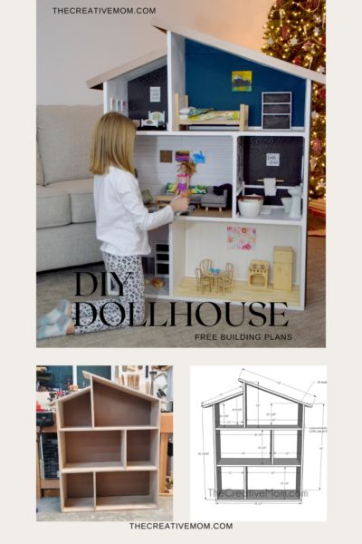 DIY Dollhouse with free building plans - The Creative Mom Giant Dollhouse Diy, Wooden Doll House Plans, Doll House Suitcase Ideas, Wood Dollhouse Diy, Barbie Diy House Ideas, Make Your Own Dollhouse, Free Dollhouse Plans, Diy Dollhouse For Barbie, 18in Doll House Diy