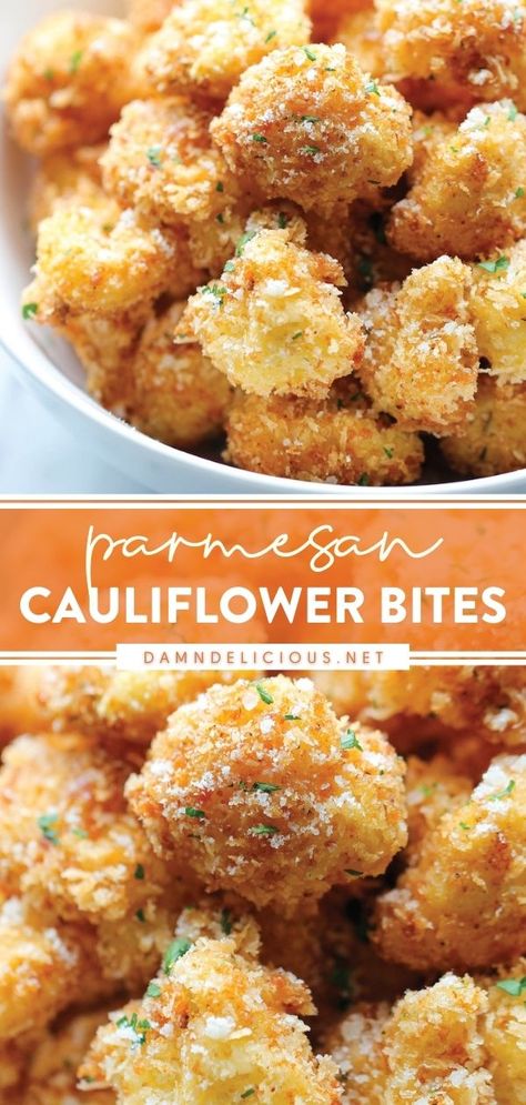 PARMESAN CAULIFLOWER BITES Crispy Parmesan Cauliflower, Resep Vegan, Deep Fried Recipes, Parmesan Cauliflower, Vegetable Appetizers, Vegetable Snacks, Veggie Snacks, Mini Pizzas, Cauliflower Bites