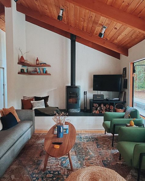 bri emery / designlovefest on Instagram: “an escape to the trees with my little fam ❣️cooking, fire, aperol spritz, walks on the coast, relaxing...” Mcm Cabin, Scandi Cabin, Sunny Room, Modern Boho Home Decor, Industry West, Modern Cabin, Aperol Spritz, House Inspo, House Inspiration