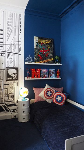 Michael's room - Contemporary - Kids - Edinburgh - by Studio Hoyna | Houzz Playroom Sensory, Marvel Kids Room, Playroom Mural Ideas, Comic Themed Room, Playroom Lighting, Spiderman Room Decor, Superhero Room Decor, Spiderman Bedroom, Marvel Bedroom