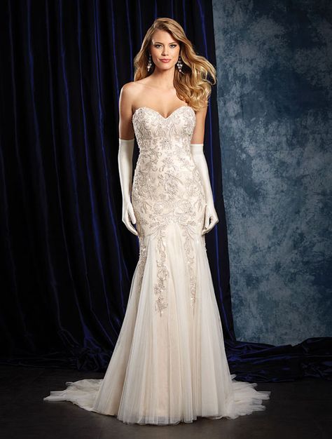 Alfred Angelo Beaded Fit And Flare Gown with Godets Style #957 Wedding Gown Gallery, Illusion Neckline Wedding Dress, Soft Skirt, Elegant Bridal Gown, Metallic Wedding, Metallic Embroidery, Flare Gown, Alfred Angelo, Fit And Flare Wedding Dress