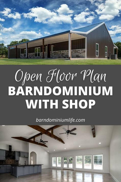 This featured Boyd, Texas Open Concept Barndominium is what the builder, HL Custom Homes calls the Paradise Home with its expansive shop. It has an open concept floor plan with 2400 square feet of living space and features a 30×40 garage. Check out the photos and you’ll see why it’s called the Paradise Home. Plus get great Barndominium ideas for your home. #barndominiumlife #barndominiumideas #openconcept #openfloorplan Open Floor Plan Barndominium, Floor Plan Barndominium, Texas Barndominium, Metal Building House Plans, Metal House Plans, Steel Building Homes, Barn Homes Floor Plans, Metal Building Home, Barndominium Plans