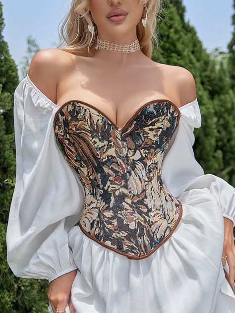 Multicolor  Collar  Fabric Floral Bras Embellished Non-Stretch  Women Shapewear Overbust Corset Outfit, Corset Costumes, Corset Outfit, Old Fashion Dresses, Overbust Corset, Corsets And Bustiers, Vintage Floral Pattern, Illustration Fashion Design, Floral Denim