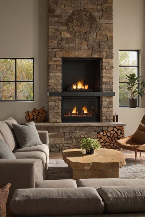 Earth Tone Paint Colors Living Room, Cozy Cabin Living Room, Stone Living Room, Colorful Living Room Bright, Renovation Living Room, Paint Colors 2024, Winter Interior Design, Rustic Stone Fireplace, Stone Hearth