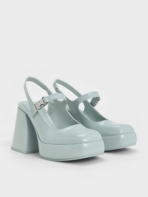 Blue Laine Metallic-Buckle Platform Mary Janes - CHARLES & KEITH UK Light Blue Shoes, Cheonan, Fairy Shoes, Funky Shoes, Platform Mary Janes, Fancy Shoes, Mary Jane Heels, Charles Keith, Only Shoes