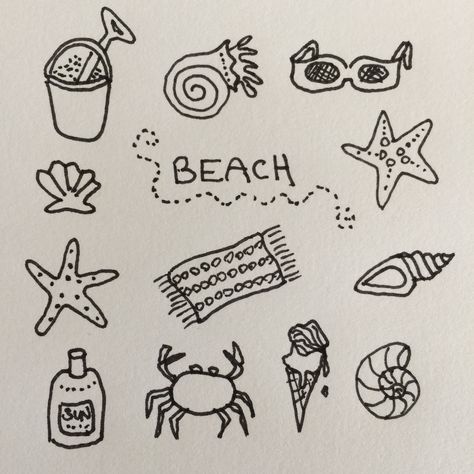 Small Beach Drawings, Ocean Aesthetic Doodles, Beach Drawing Sketches Simple, Sea Shell Doodle, How To Draw Beach Things, Easy Beach Drawings Simple, Easy Tropical Drawings, Easy Seashell Drawing, Seashells Doodles