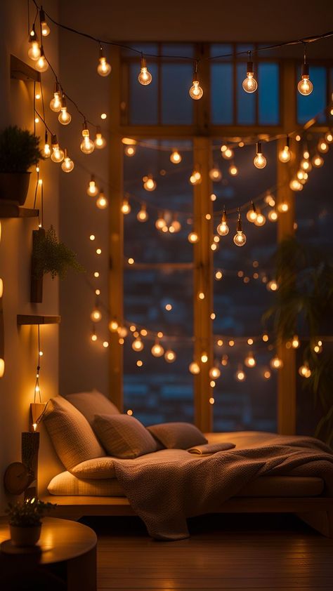 Fairy Lights and Fluff: Cozy Bedroom Decor Delights Romantic Bedroom Lighting Ideas, Romantic Bedroom Lighting, Fairy Lights Room, Cozy Bedroom Decor, Fairy Lights Decor, String Lights In The Bedroom, Fairy Lights Bedroom, Bedroom Decor Cozy, Indoor String Lights