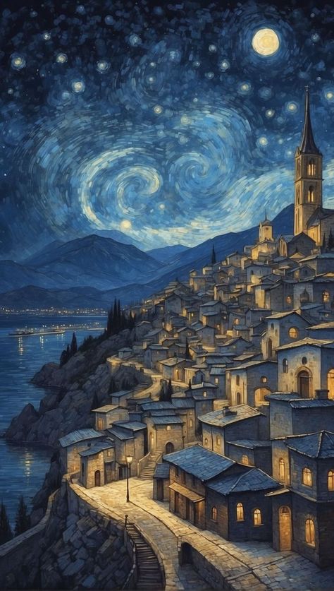 Ethereal Night Haven Painting Ideas Buildings, Nighttime Paintings, Night Time Paintings, Night Time Art, Ethereal Illustration, Ethereal Art Aesthetic, Night Drawing, Night Gallery, Moonlight Painting