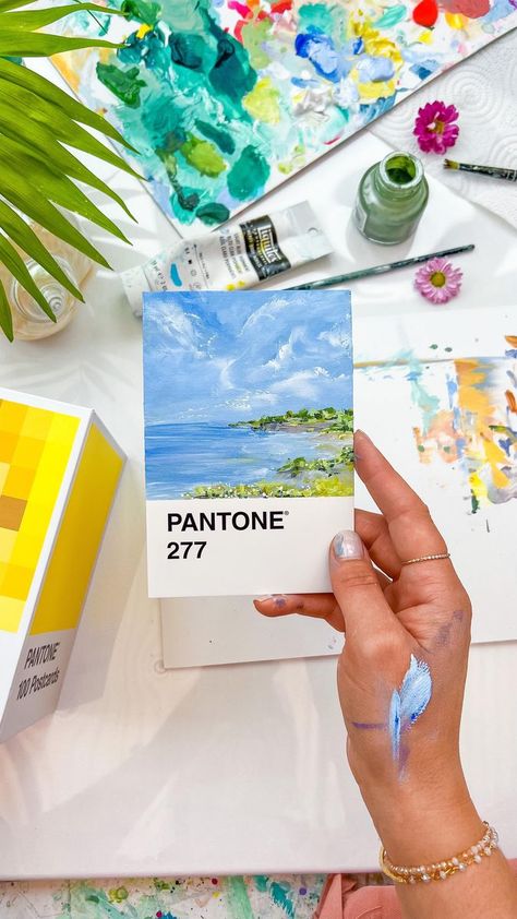 I gave in and let myself paint a seascape for the Pantone Postcard challenge 😆 This is postcard number 3 out of 100 so I didn’t get very far before I painted the ocean, I can’t help myself! I’m enjoying these little speed paint sessions where I don’t let myself get too deep into the finer details. Just having fun and painting loosely. #pantonechallenge #pantonepostcards #pantonecoloroftheyear #swatch #paintswatches #farrowandball #speedpainting #paintwithme #artstudio #artproject #tinyart #m Paint Swatches, Postcard Art, Speed Paint, Ocean Painting, Paint Chips, Number 3, Color Of The Year, Having Fun, Alcohol Ink