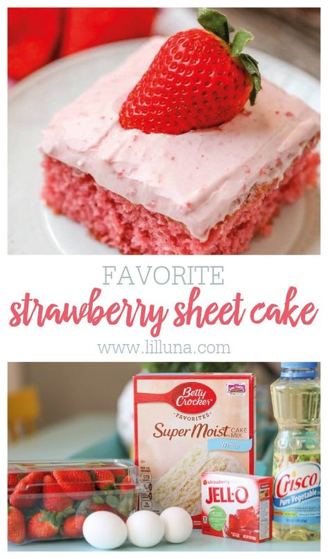 Perfect for feeding a crowd, this Strawberry Sheet Cake made with fresh pureed strawberries is especially tasty! #strawberrysheetcake #strawberrycake #sheetcake #cake #strawberry Strawberry Sheet Cake Recipe, Homemade Strawberry Frosting, Strawberry Cake Mix Recipes, Strawberry Sheet Cake, Strawberry Sheet Cakes, Delicious Strawberry Cake, Sheet Cake Recipe, Strawberry Cake Mix, Strawberry Dessert Recipes