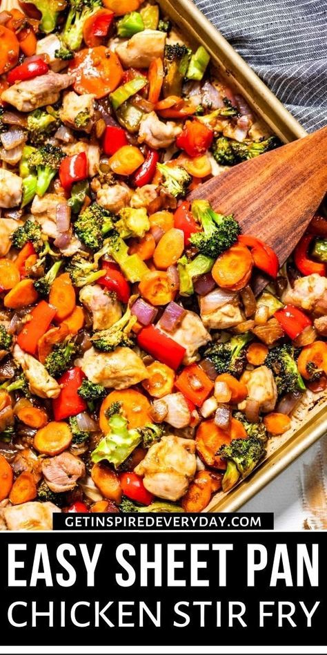 Ultra easy with minimal cleanup, this Sheet Pan Stir Fry is the perfect simple weeknight meal. It’s family-friendly and packed with veggies and protein. It’s gluten-free, dairy-free, and there’s a Whole30 option listed in the recipe as well. Serve this stir-fry with freshly steamed rice or cauliflower rice for a complete meal. Sheet Pan Stir Fry Chicken, Healthy Easy Sheet Pan Dinners, Healthy Chicken Stir Fry Recipes, Stir Fry Recipes Veggie, Gluten Free Chicken Stir Fry, Sheet Pan Stir Fry, Simple Stir Fry Recipe, Honey Garlic Chicken And Veggies, Chicken And Broccoli Stir Fry