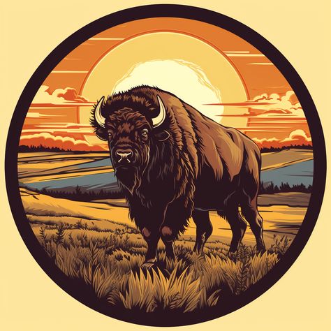 💪The majestic Kansas Bison is a symbol of the state's proud heritage! 🐃Standing up to six feet tall at the shoulder and weighing up to 2,000 pounds, this powerful animal is protected by its thick fur to survive the extreme cold of the state's harsh winters. 🥶The bison is a symbol of strength, resilience, and survival - a reminder of the state's rich history and culture. 💛 Native American Bison Art, Bison Illustration, Tree Knot, Running Illustration, Embroidery Theme, Buffalo Painting, Bison Art, Rainbow Trout Fishing, Vintage Shirt Design