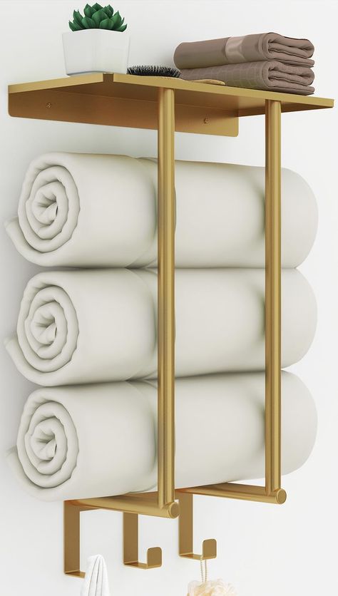 PRICES MAY VARY. Great for Small Spaces: Towel racks for bathroom with Shelf and 3 Hooks, provide you plenty of room to organize towels and other bath items, save space and keep bathroom organized Super Big Capacity: Rolled towel rack 5.3" distance from wall. Plenty large enough to comfortably hold large rolled bath towels(even the fluffy ones.) Can holds up to 3 extra large size(63"x40") of towels! Bathroom towel storage Shelf: Bathroom towel rack with top shelf, increases the space for more it Gold Bath Towels, Towel Racks For Bathroom, Toallero Ideas, Wall Towel Racks, Bathroom Towel Storage, Bath Towel Holder, Wall Mounted Towel Rack, Towel Shelf, Towel Organization