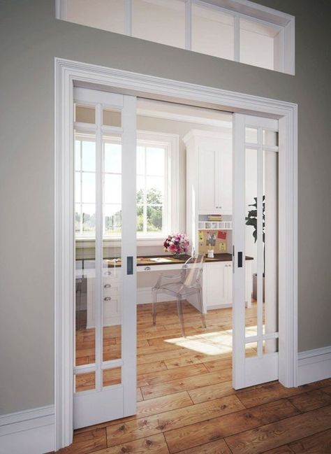 Pocket Doors To Sunroom, Home Office With Pocket Doors, Office With Pocket French Doors, Kitchen Window Into Another Room, French Doors Kitchen To Living Room, French Doors To Kitchen, Doors Separating Kitchen And Living Room, Double Pocket Doors Glass, Pocket Doors To Office