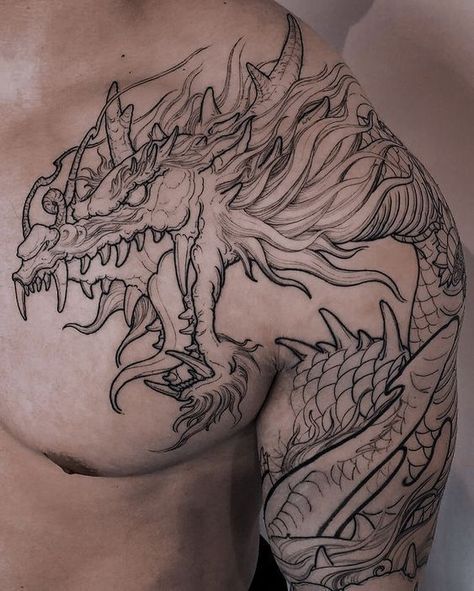 Big Leg Tattoos Men, Dragon Tattoo Shoulder, Dragon Tattoo Chest, Dragon Tattoo Arm, Tato Salib, Tato Flash, Tato Ikan Koi, Foo Dog Tattoo, Tato Dada