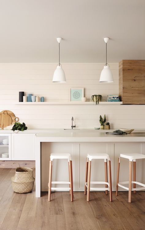 Dulux Natural White Photo Lisa Cohen Creamy White Exterior, White Wood Bar Stools, Dulux Natural White, Wood Floor Bathroom, Rustic Wood Floors, Painted Wood Floors, White Wood Floors, Painting Wood Paneling, Flooring Inspiration