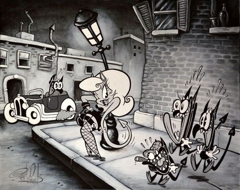 Shawn Dickinson Art Shawn Dickinson, Goth Kitty, 1930s Cartoons, Cat Mascot, Rockabilly Art, Rubber Hose, Lowbrow Art, Retro Cartoons, Old Cartoons