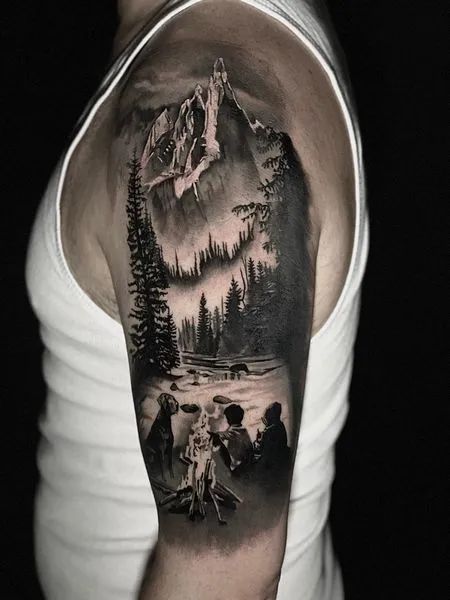 Realistic Mountain Tattoo Half Sleeve Mountain Tattoo For Men, Outdoor Mountain Tattoo, Mountain And Ocean Tattoo Sleeve, Bear Hunting Tattoos, Mountain Bear Tattoo, Mountain Tattoo Upper Arm, Mountain Stream Tattoo, Big Mountain Tattoo, Realism Mountain Tattoo