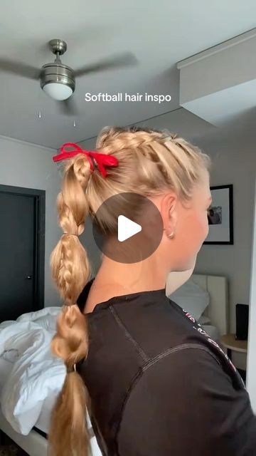 Payden Bordeau on Instagram: "Today’s gameday hair!  - - What’s your go to gameday hairstyle??!  - - #softballhair #softball #reels #gamedayhair #explore #hairinspo #sportyhairstyle" Soccer Hairstyles For Pictures, Long Hairstyles Sports, Cute Hairstyles Softball, Softball Hair With Bow, Hair Styles Put Up, Hair Ideas For Softball, Softball Ponytail Hairstyles, Softball Hairstyles For Picture Day, Video Game Hairstyles