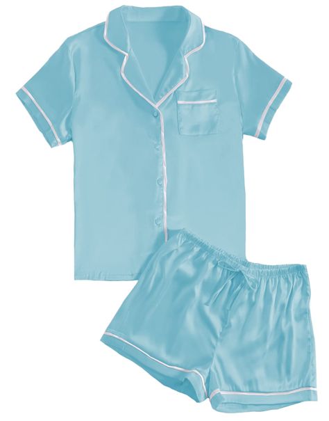 PRICES MAY VARY. Fabric: This satin 2piece pajamas set is made from high-quality satin, it's smooth, breathable and lightweight very comfortable for year round wear. Features: The silk sleepwear designed classic notch neck button front shirt top with chest pocket. And the short has comfy elastic waistband and adjustable drawstring and the loose fit and cozy style with beautiful detail that you can style from day to night. Unique design: Casual pajamas set is necessary for your around the house o Little Blue House Pajamas, Blue And White Pjs, Pj Sets Cute, Teal Pajamas, Beach Pjs, Cute Silk Pajamas, Birthday Wishlist Aesthetic, Shein Pajamas, Cute Matching Pajamas