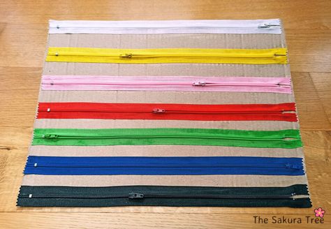 DIY Zipper Board for Kids • The Sakura Tree ACTIVITIES Zipper Board, Tree Activities, Teacher Activities, Summer Fun For Kids, Baby Learning Activities, Motor Skills Activities, Board For Kids, Sakura Tree, Winter Crafts For Kids