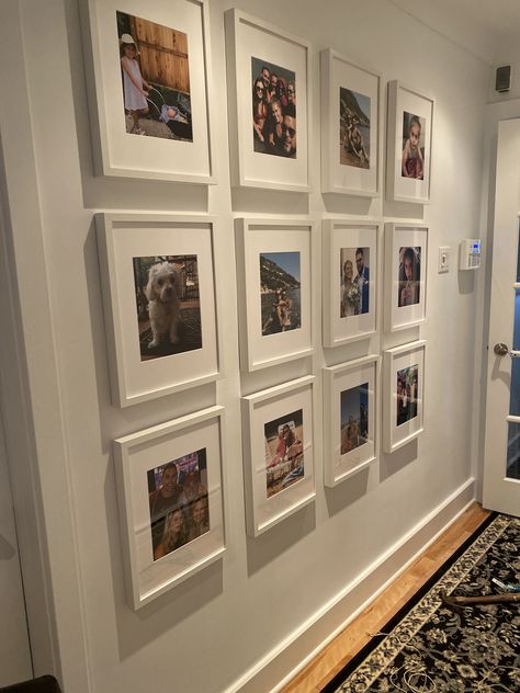 Corridor Picture Frames, Entryway Family Photos Entrance, Narrow Hallway Photo Wall Ideas, Mix Tiles Photo Wall Ideas Hallway, Mixtiles Hallway, Galary Wall Decor Hallway, Photo Wall Collage Hallway, Decor Narrow Hallway, Long Hallway Decorating Narrow