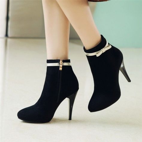 Womens Bowknot Pointy Toe Ankle Boots High Heels Pumps Sweet Shoes Plus Size Sepatu Pump, Ankle Strap Chunky Heels, Cute High Heels, Zipper Heels, Platform High Heels, Womens Shoes High Heels, Hot Shoes, Fashion High Heels, Heels Pumps