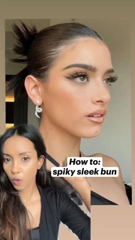 Slick Back Model Bun, How To Slick Bangs Back, Slicked Back Straight Hair Prom, Festival Hair Slick Back, Slick Back 90s Hair, Slik Hairstyles High Bun, Round Face Slick Hair, Sleek Easy Updo, Slick Hairstyles Bangs