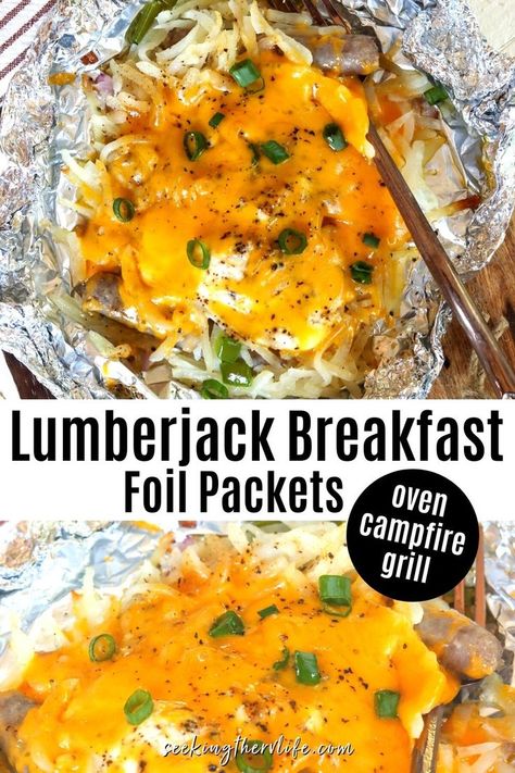 Lumberjack Breakfast Foil Packets are SUPER EASY and can be made in your oven, over a campfire or on a grill. Foil packet breakfasts are so much fun and make for easy cleanup. You'll love this lumberjack breakfast recipe with sausage, egg, hasbrowns, and veggies. Easily customizable for your whole family! The perfect camping recipe! #SeekingTheRVLife Foil Packets For The Campfire, Oven Packet Meals, Foil Breakfast Packets, Camping Breakfast Foil Packets, Foil Packets Breakfast, Pizza Foil Packets, Camping Foil Packets Breakfast, Foil Pack Sandwiches, Foil Packets For The Grill Breakfast