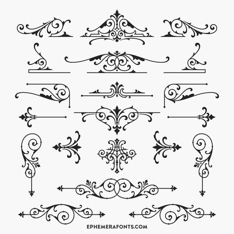 Ephemera Ornaments 03 – Ephemera Fonts Antique Fonts Vintage, Simple Ornament Drawing, Vintage Ornamental Design, Vintage Ornaments Illustration, Baroque Font, Ornamental Letters, French Ornaments, Fancy Fonts Alphabet, Gothic Filigree