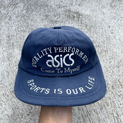 VINTAGE Asics Sport the universal language Hat Reference, Coffee Merch, Sports Merch, Vintage Asics, Graphic Design Images, Universal Language, Vintage Cap, American Sports, Archipelago